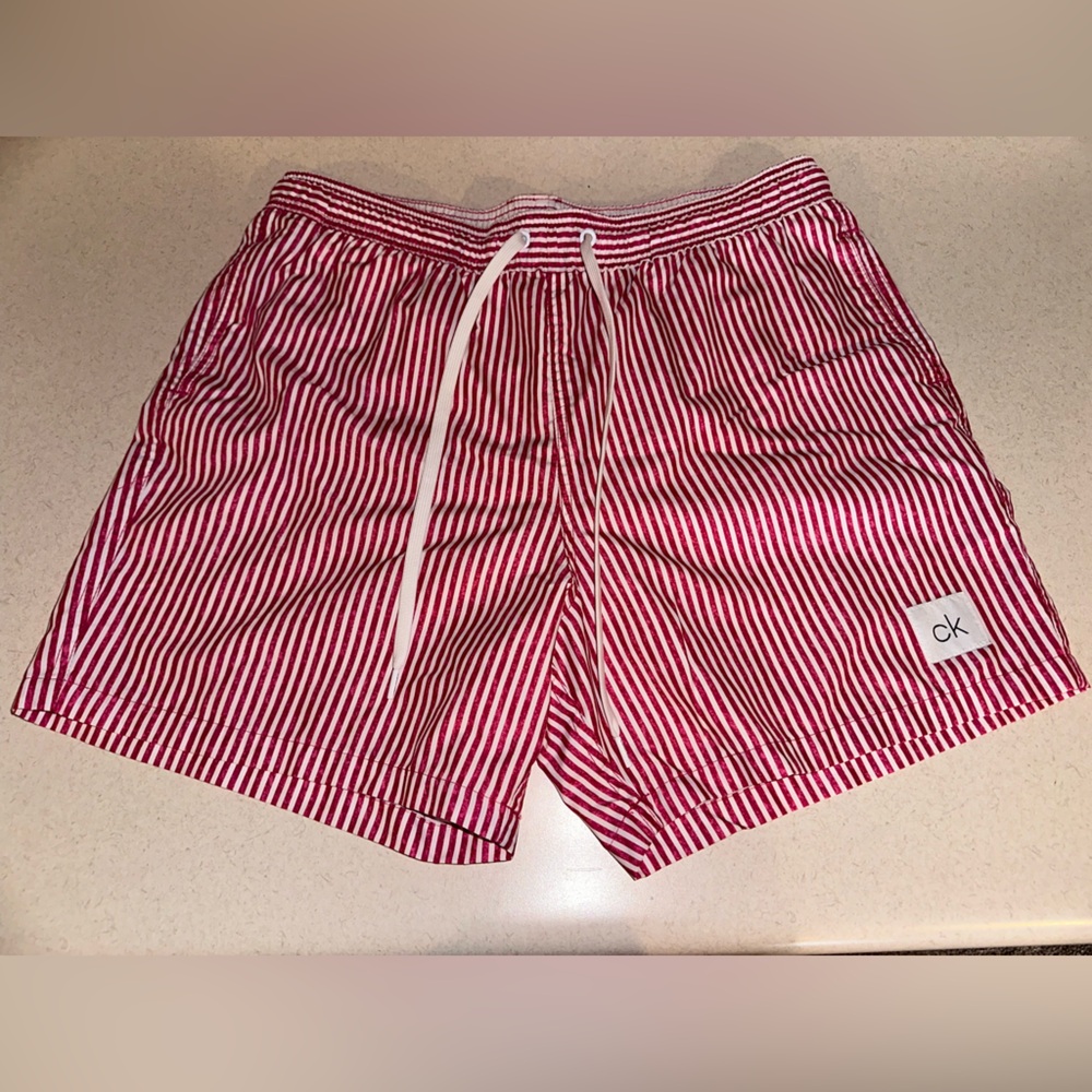 Red & White Stripe Calvin Klein Swim Trunks